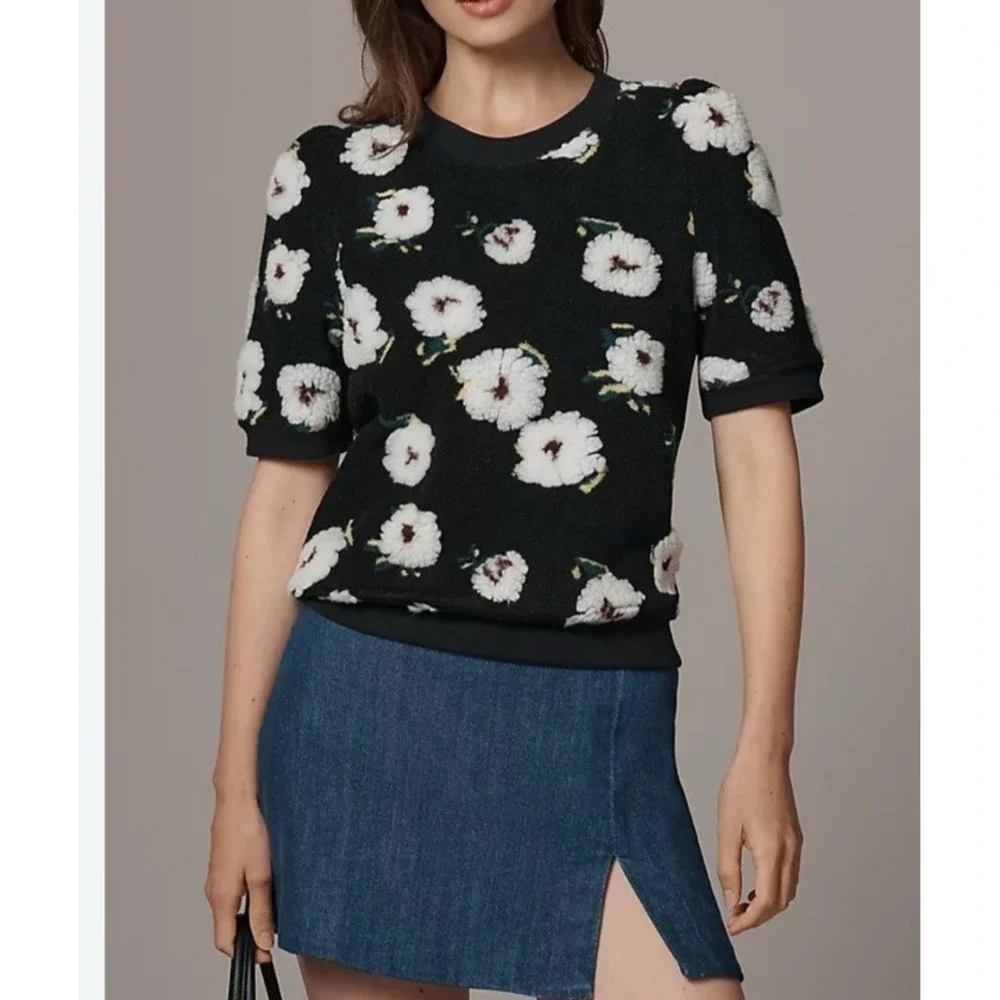 By Anthropologie NWT Medium Sherpa‎ Fleece Flowers Sweater Top Puff Sleeves